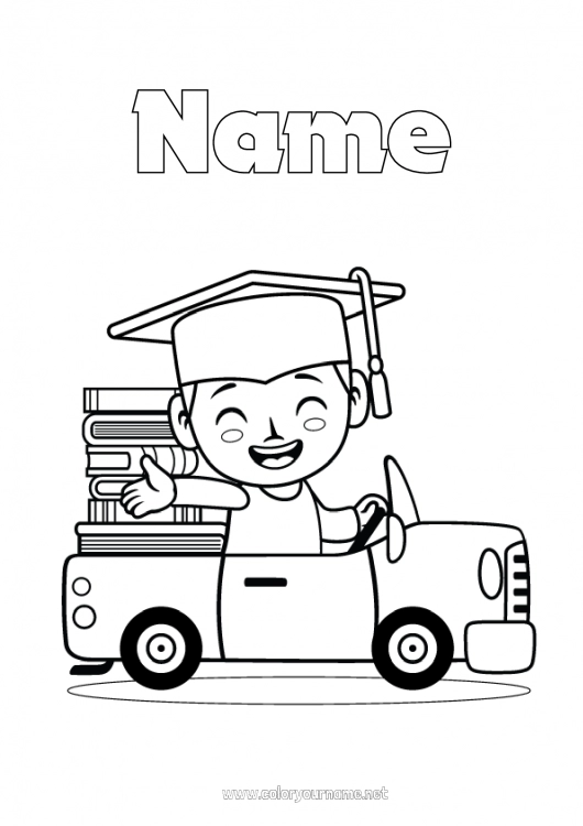 Coloring page to print Car Book Reading Cars, vans, and motorhomes Student cap