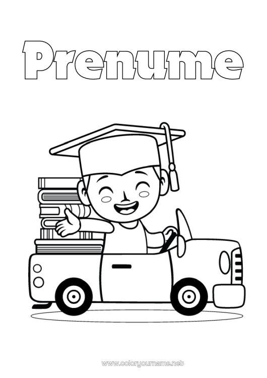 Pagină de colorat de imprimat Mașină Carte Lectură Mașini, furgonete și autorulote Beretă de student