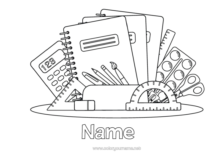 Colouring page to print Book Reading Pencil Back To School Stationery Supplies Square Calculator Rapporteur Scissors