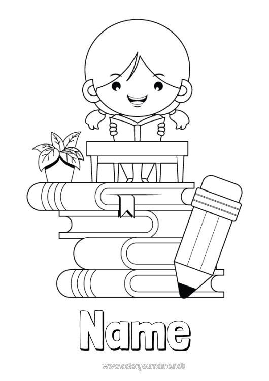 Colouring page to print Girl Book Reading Pencil Pupil Stationery Supplies Lectern