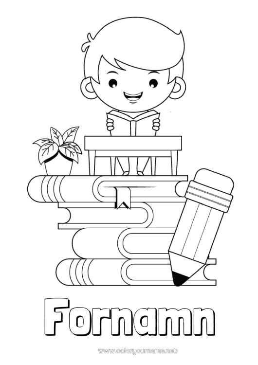 Färgläggningssida att skriva ut Pojke Bok Läsning Blyertspenna Elev Skolmaterial Pulpit.