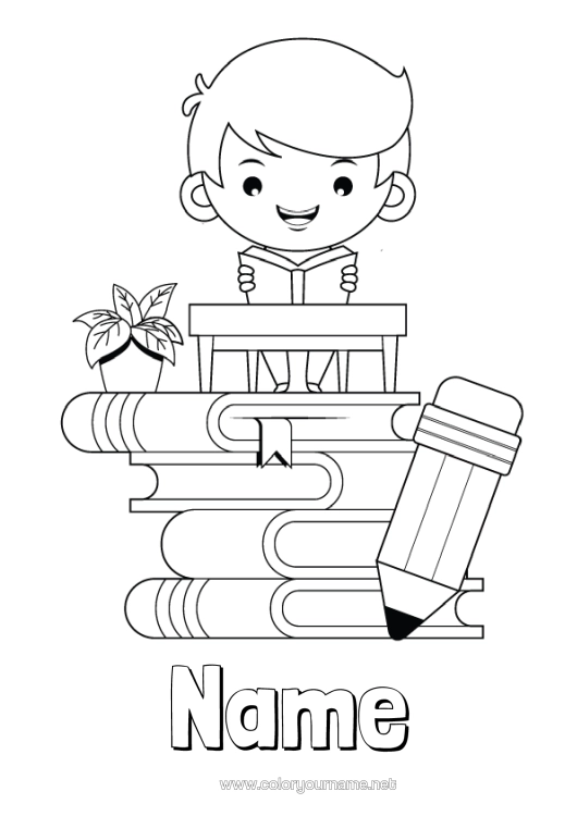 Colouring page to print Boy Book Reading Pencil Pupil Stationery Supplies Lectern