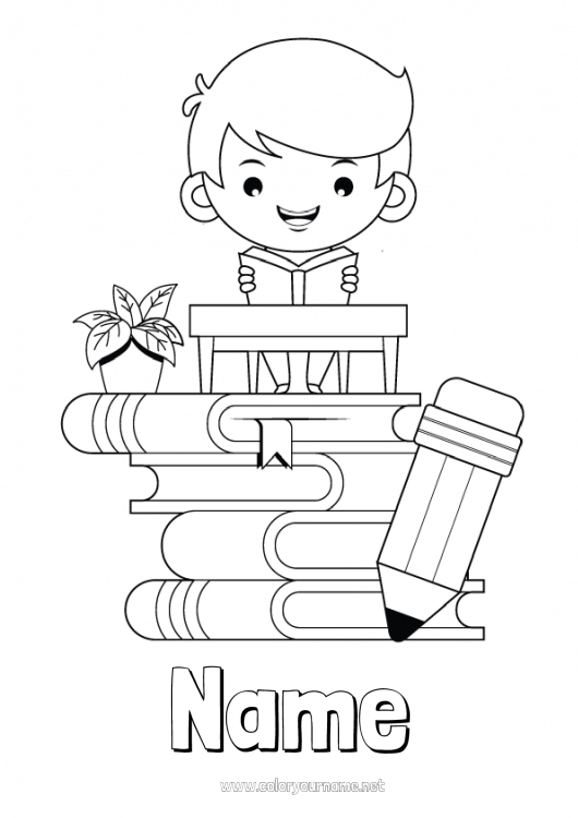 Coloring page to print Boy Book Reading Pencil Student School supplies School desk