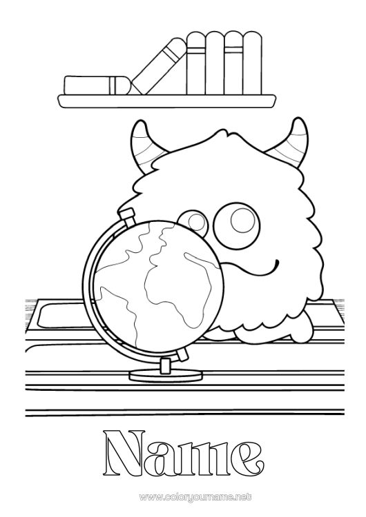 Colouring page to print Monster Book Reading Globe Back To School