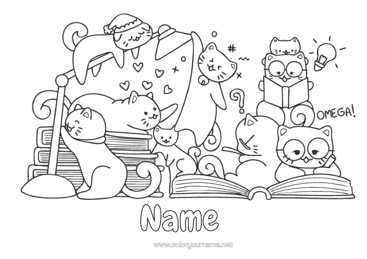 Colouring page to print Cat Cute Book Dogs And Cats Reading