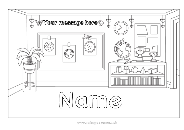 Colouring page to print Cup, Trophy, Medal School Book Reading Competitions And Awards Globe Classroom Board Classroom