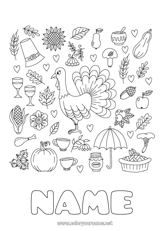 Coloring page to print Thanksgiving Turkey Autumn Farm animals