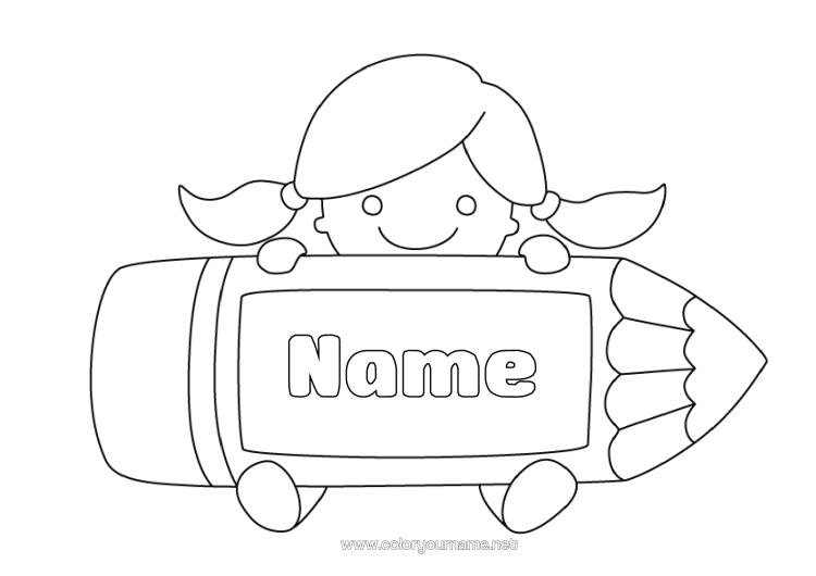 Colouring page to print Girl Child Pencil Back To School Pupil Stationery Supplies Label