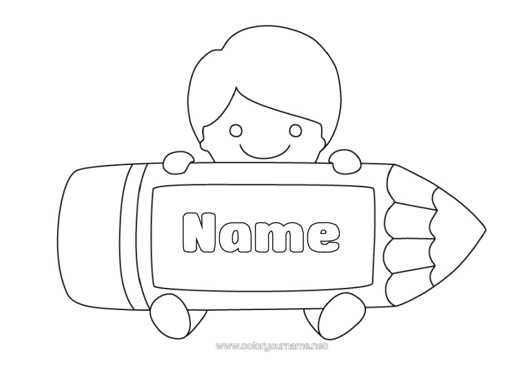 Colouring page to print Boy Child Pencil Back To School Pupil Stationery Supplies Label