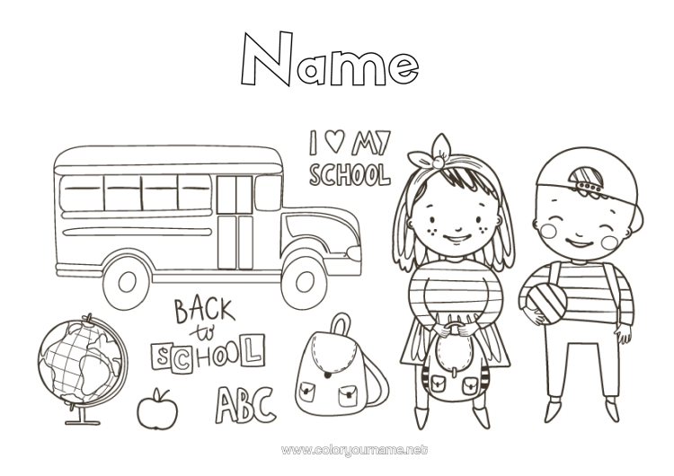 Colouring page to print Girl Boy Child Bus, Car Symbols Land Public Transport School Bag Globe Back To School Pupil