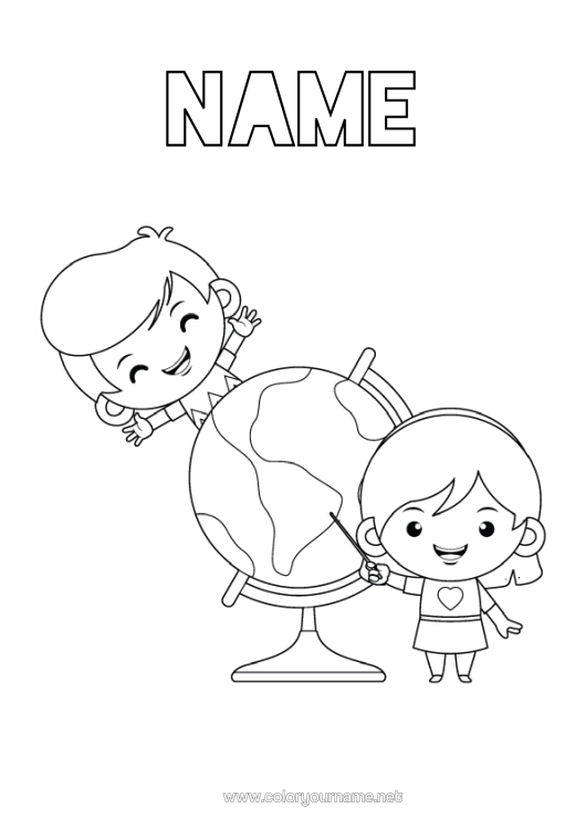 Colouring page to print Girl Boy Child Geography Globe