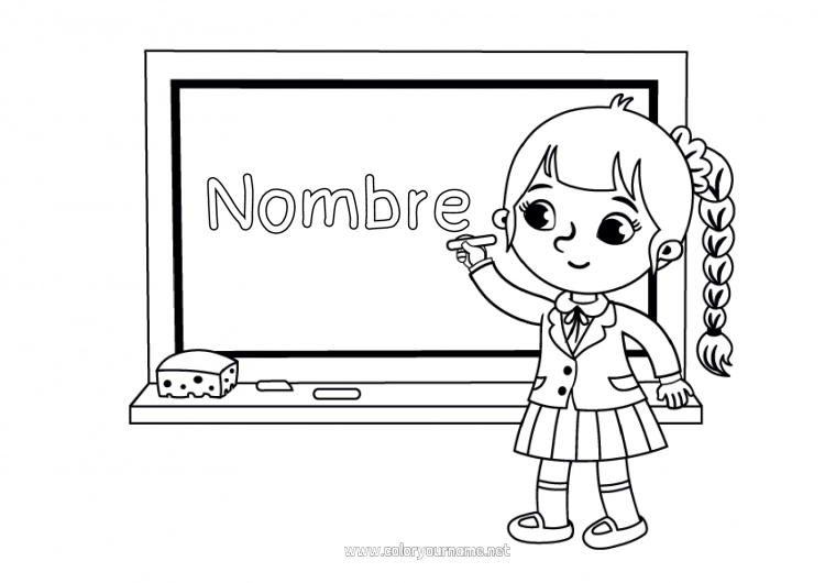 Dibujo para colorear para imprimir Chica Escuela Regreso a clases Pizarra de clase Salón de clases Estudiante