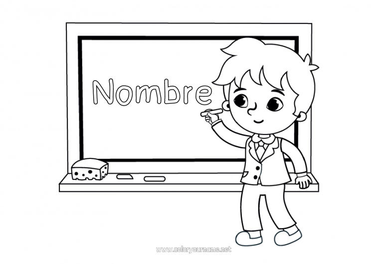 Dibujo para colorear para imprimir Chico Escuela Regreso a clases Pizarra de clase Salón de clases Estudiante