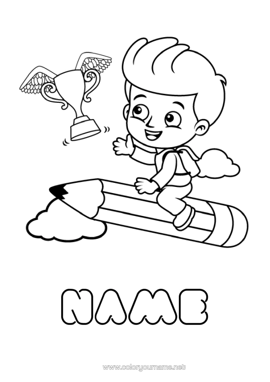 Colouring page to print Boy Cup, Trophy, Medal Pencil Competitions And Awards Back To School Stationery Supplies