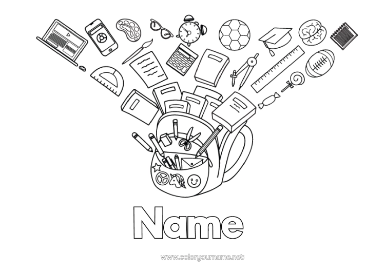 Colouring page to print Balloons Book Reading Pencil School Bag Back To School Student Cap Stationery Supplies Rapporteur Compass