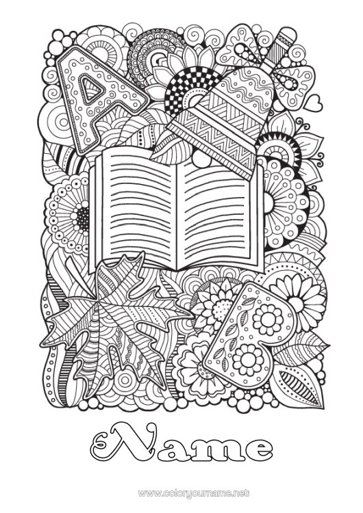 Colouring page to print Mandala Autumn Bell Leaves Complex Colouring Pages Book Reading Back To School