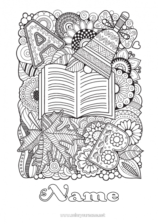 Coloring page to print Mandala Autumn Bell Leaves Complex coloring pages Book Reading Back to School