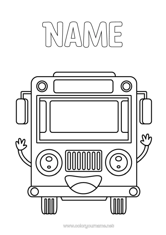 Colouring page to print Vehicles Bus, Car Land Public Transport Back To School Cartoon