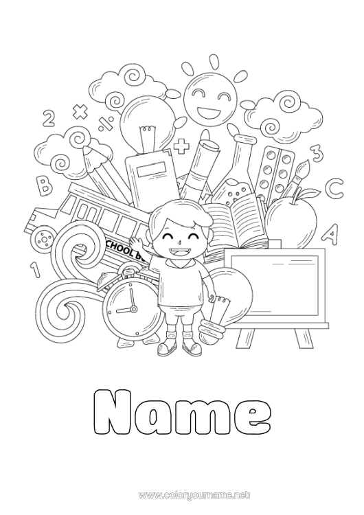 Colouring page to print Boy Bus, Car Brush Symbols Light Bulb Pencil Land Public Transport Back To School Classroom Board Pupil Stationery Supplies Painting