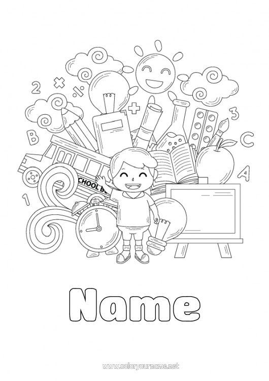 Coloring page to print Boy Bus, coach Brush Symbols Bulb Pencil Ground public transport Back to School Class board Student School supplies Paint