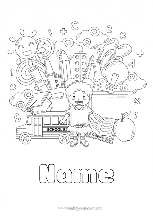 Coloring page to print Girl Bus, coach Brush Book Bulb Reading Pencil Ground public transport Back to School Class board Student Student cap School supplies Paint