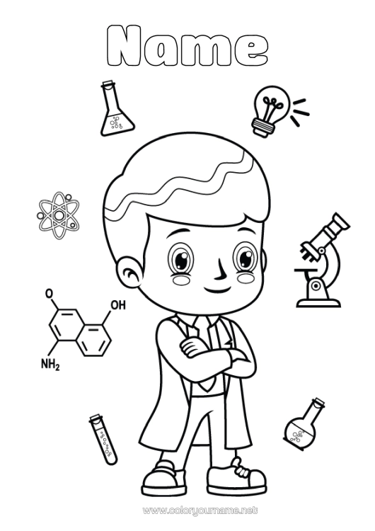Colouring page to print Light Bulb Education Professions Exploration Professions Scientist Science Microscope