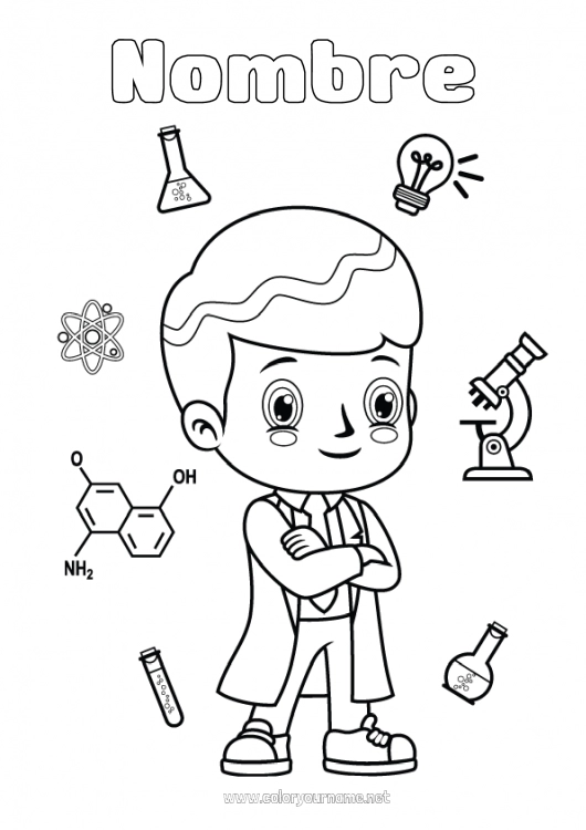 Dibujo para colorear para imprimir Bombilla Profesiones de la Educación Carreras de exploración Científico Ciencia Microscopio