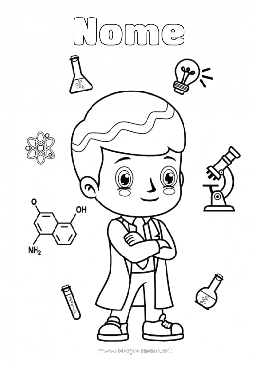 Página de desenho para imprimir Lâmpada Profissões de educação Profissões de exploração Cientista Ciência Microscópio