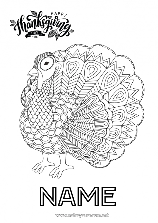 Coloring page to print Thanksgiving Turkey Mandala Farm animals