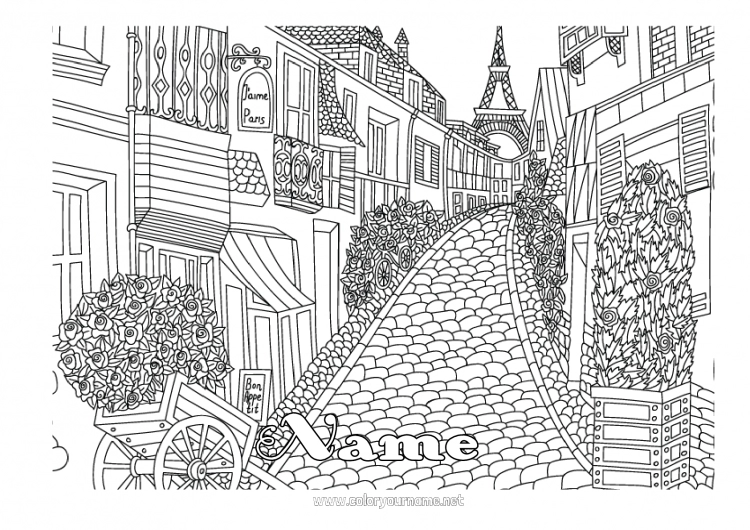 Coloring page to print France Complex coloring pages City ??landscape Eiffel Tower Paris Monument