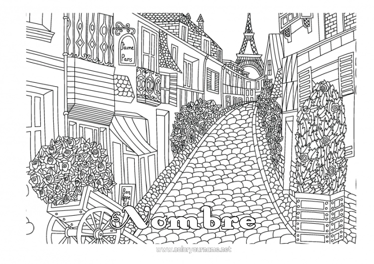 Dibujo para colorear para imprimir Francia Dibujos complejos para colorear Paisaje urbano Torre Eiffel Paris Monument