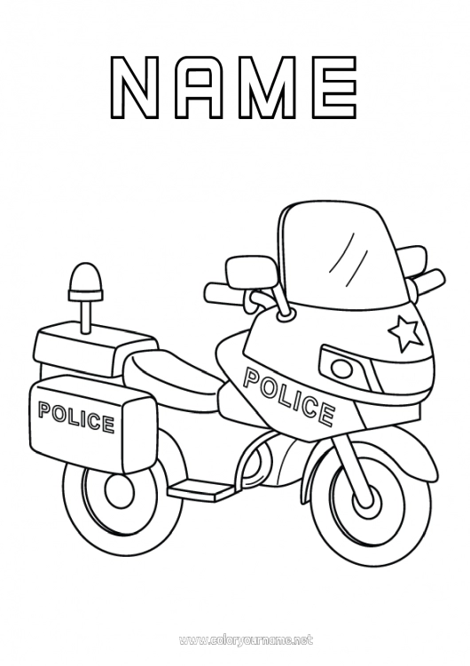 Coloring page to print Motorbike Police Police vehicles Two-wheeled vehicles Rescue and Emergency Vehicles Security Professions