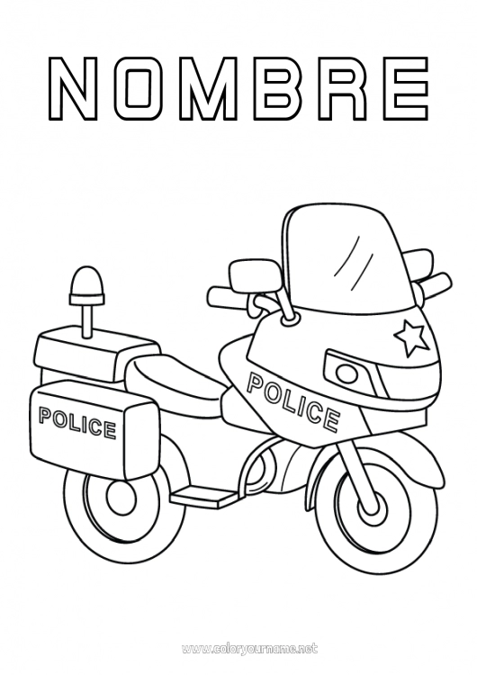 Dibujo para colorear para imprimir Moto Policía Vehículos de policía Vehículos de dos ruedas Vehículos de rescate y emergencia Profesiones de Seguridad