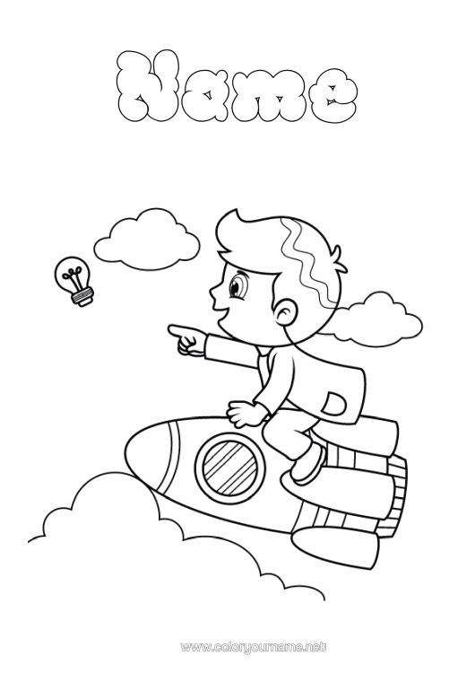 Colouring page to print Rocket Child Light Bulb Aerial Vehicles Back To School