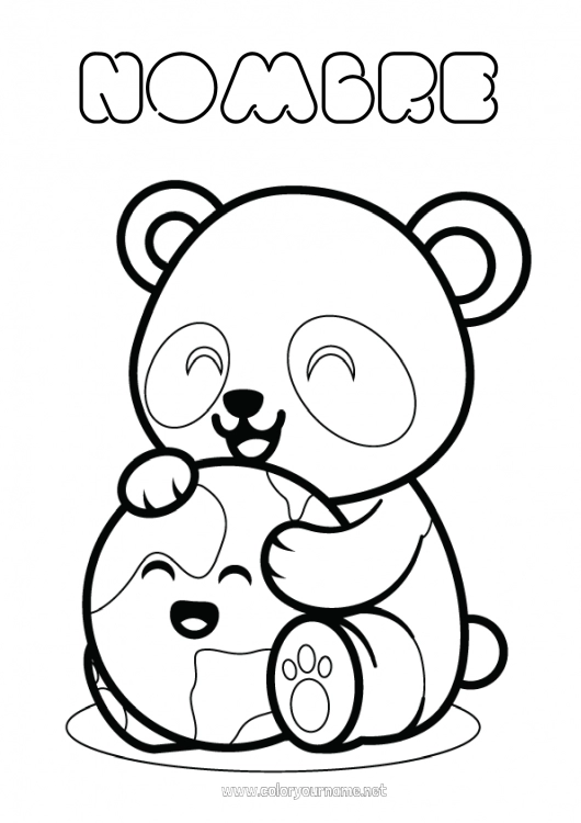 Dibujo para colorear para imprimir Kawaii Panda Tierra Día de la Tierra Otros animales del mundo