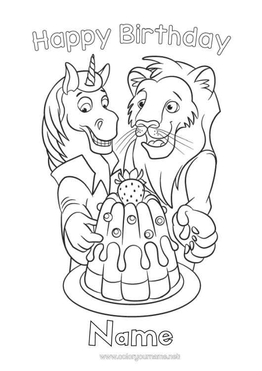 Colouring page to print Cake Birthday Horse Lion Animal Happy Birthday Message Farm Animals Wild Animals Of Africa
