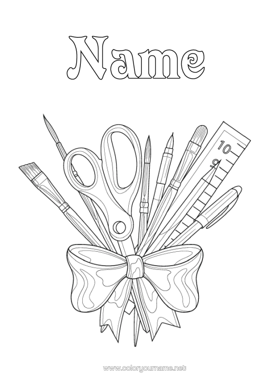Colouring page to print Art Brush Pencil Back To School Stationery Supplies Scissors