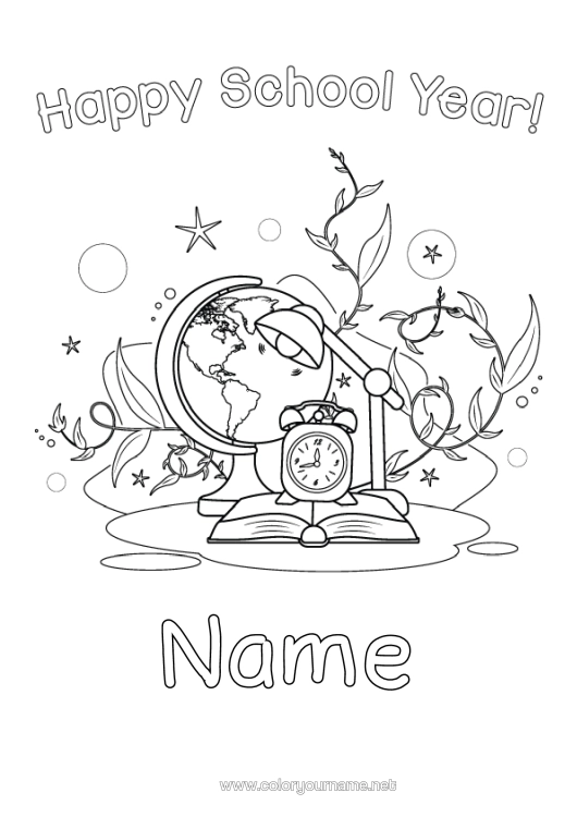 Colouring page to print Book Reading Globe Back To School "Happy Return To School!" Stationery Supplies Alarm Clock