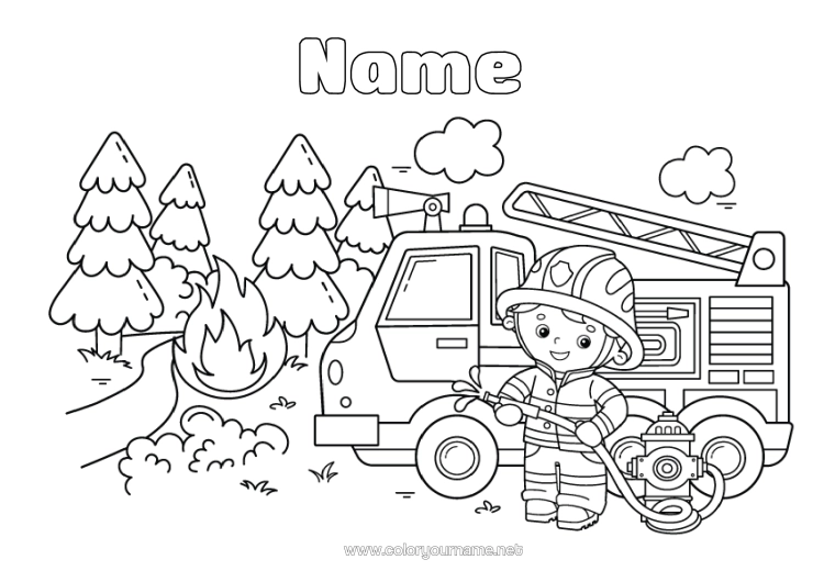 Colouring page to print Firefighter Fire Engine Emergency And Rescue Vehicles Security Occupations Forest