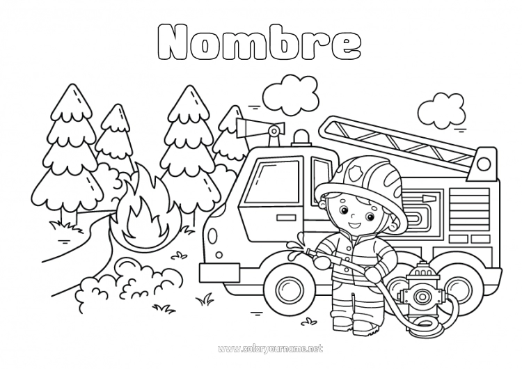 Dibujo para colorear para imprimir Bombero Camión de bomberos Vehículos de rescate y emergencia Profesiones de Seguridad Bosque