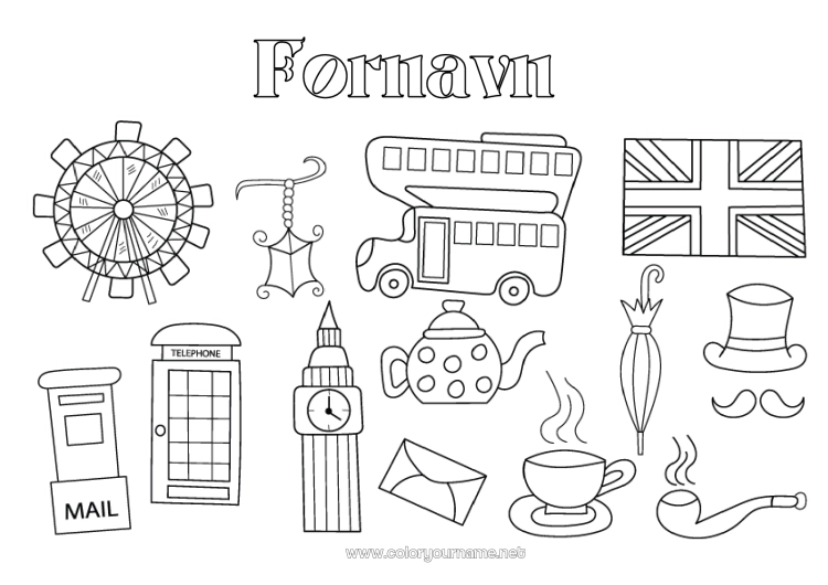Fargeleggingssiden til utskrift London Storbritannia Flagg Buss, bil Symboler Bakketransport offentlig transport Postkasse
