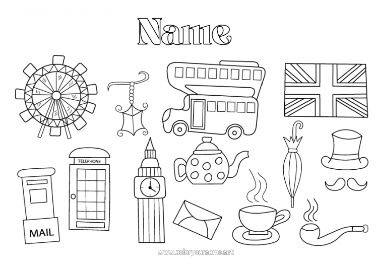 Coloring page to print London United Kingdom Flag Bus, coach Symbols Ground public transport Mailbox