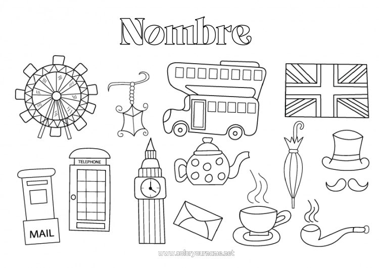 Dibujo para colorear para imprimir Londres Reino Unido Bandera Autobús, autocar Simbolos Transporte público terrestre Buzón