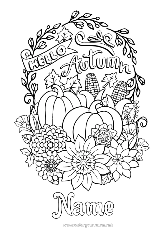 Colouring page to print Pumpkin Autumn Leaves Sunflower