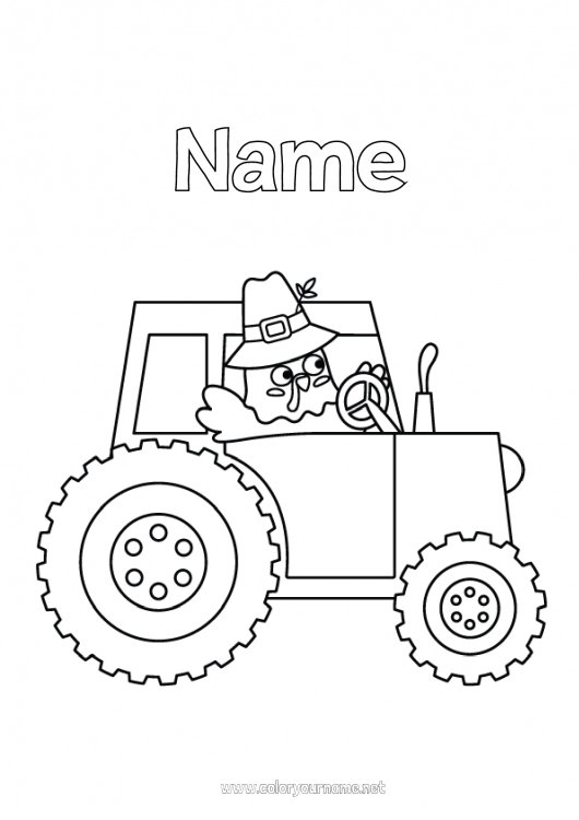 Coloring page to print Thanksgiving Turkey Tractor Farm vehicles Farm animals