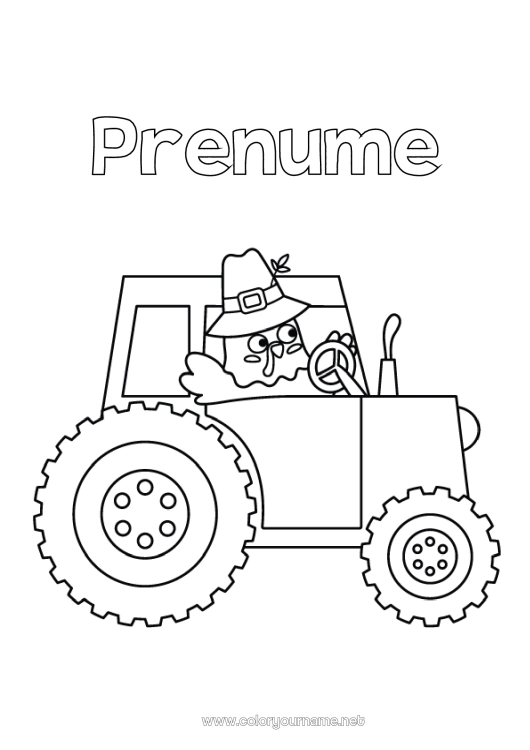 Pagină de colorat de imprimat Ziua Recunoștinței Curcan Vehicule Tractor Vehiculele fermei Animale de fermă