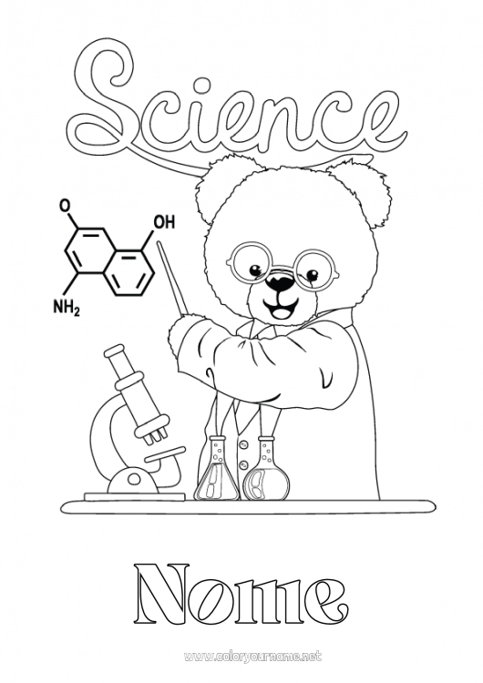 Página de desenho para imprimir Urso Filhote de urso Animais da floresta Profissões de educação Cientista Ciência Microscópio