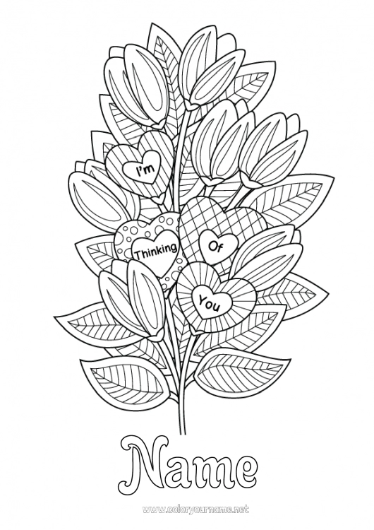 Coloring page to print Flowers Heart Tulip