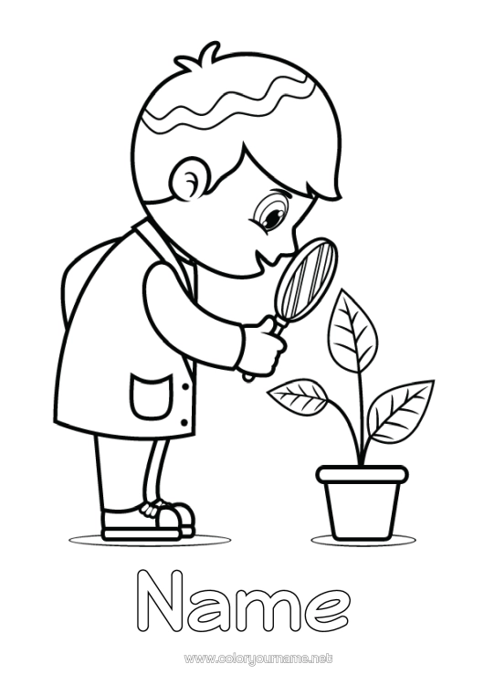 Colouring page to print Exploration Professions Scientist Science Magnifying Glass Green Plant
