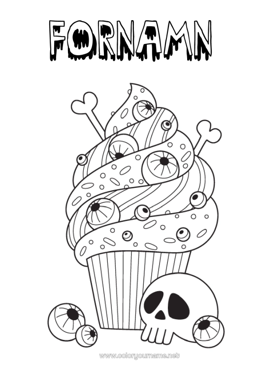 Färgläggningssida att skriva ut Kaka Halloween Skalle De dödas dag Gottigheter, sötsaker Muffins öga